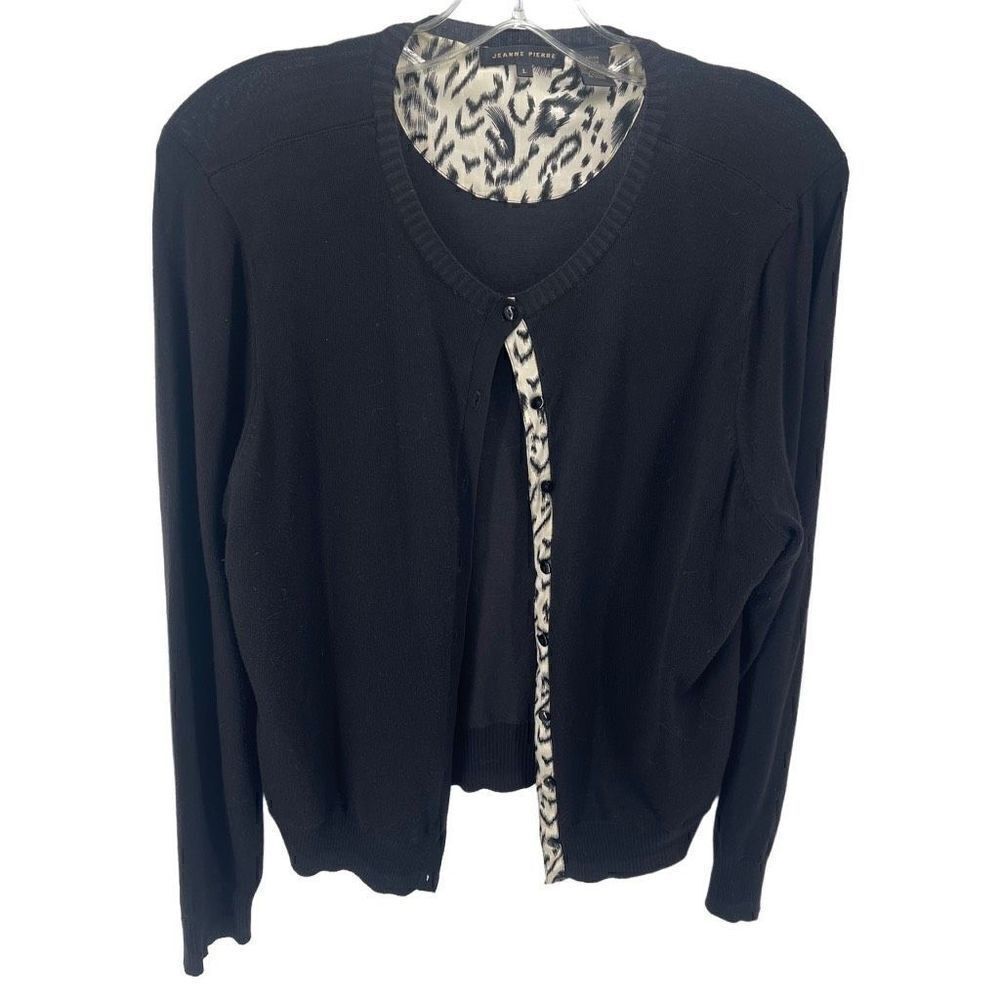 Jeanne Pierre Womens Button Up Cardigan Sweater Anima Print Lined Black Large